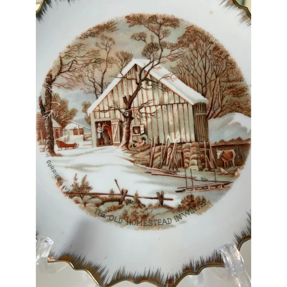 VINTAGE Currier & Ives Old Homestead in Winter Snow Rustic Porcelain 7 in Plate